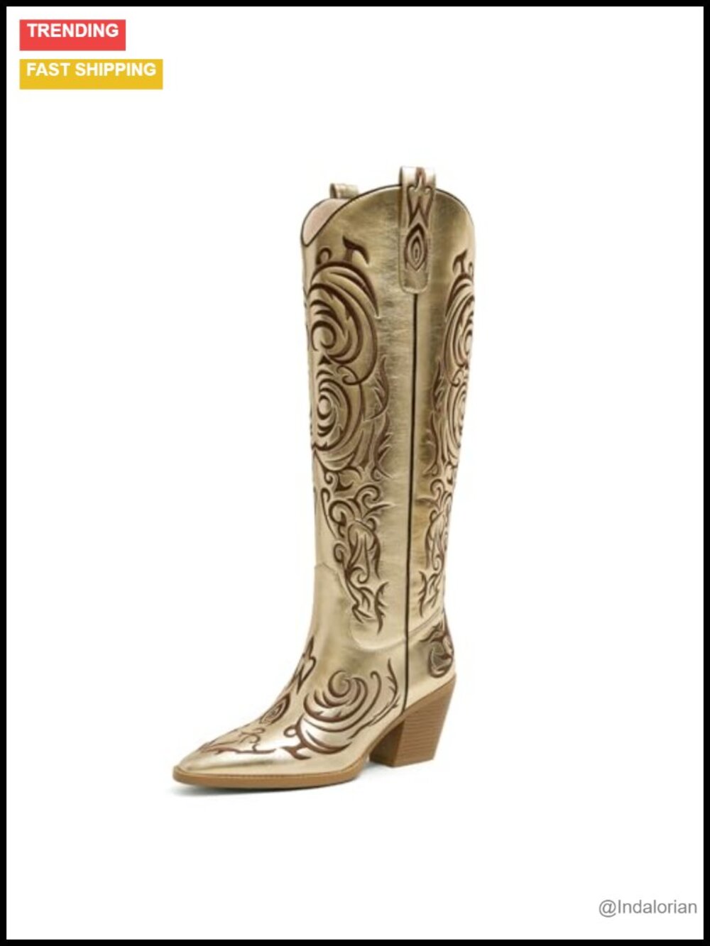 Faux Leather Knee-High Western Boots Pointed Toe Embroidered Pull-On